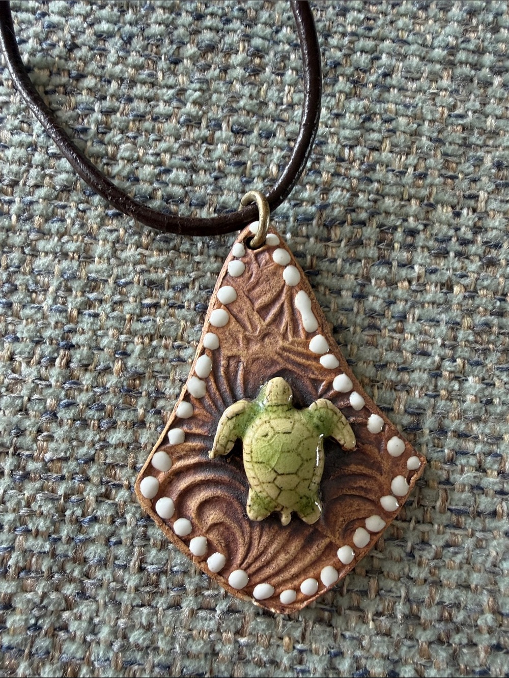 Brown Leather Necklace with Green Turtle Charm